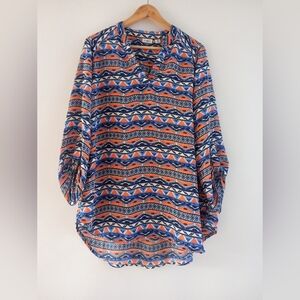 Cato Women’s Blue & Orange Geometric Aztec Print Tunic Top - Size Medium -